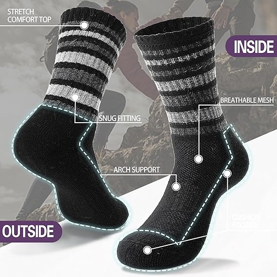 Womens Merino Wool Hiking Socks Thermal Winter Warm Crew Cushion Compression Work Moisture Wicking Socks 5 Pairs - Image 3