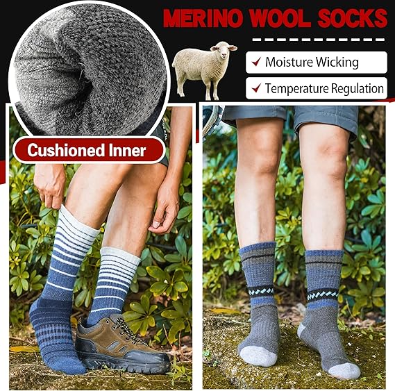5 Pairs Merino Wool Hiking Socks Thermal Winter Warm Outdoor Boot Moisture Wicking Cushion Socks for Women & Men - Image 4
