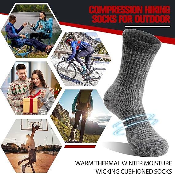 5 Pairs Merino Wool Hiking Socks Thermal Winter Warm Outdoor Boot Moisture Wicking Cushion Socks for Women & Men - Image 3